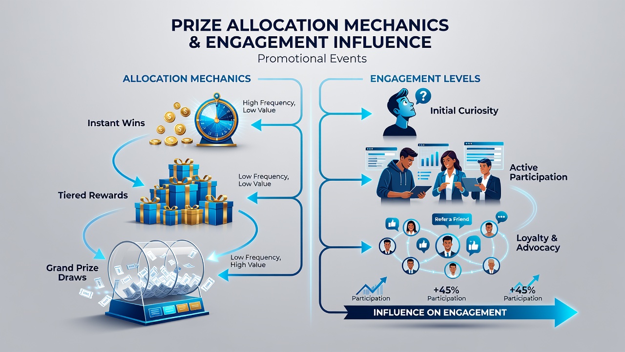Infographic illustrating engagement curves across different prize allocation models in promotional events