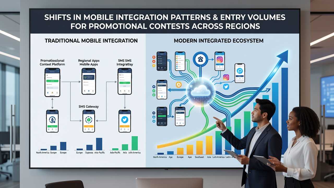 Analytics dashboard showing regional variations in mobile contest entry volumes and integration patterns